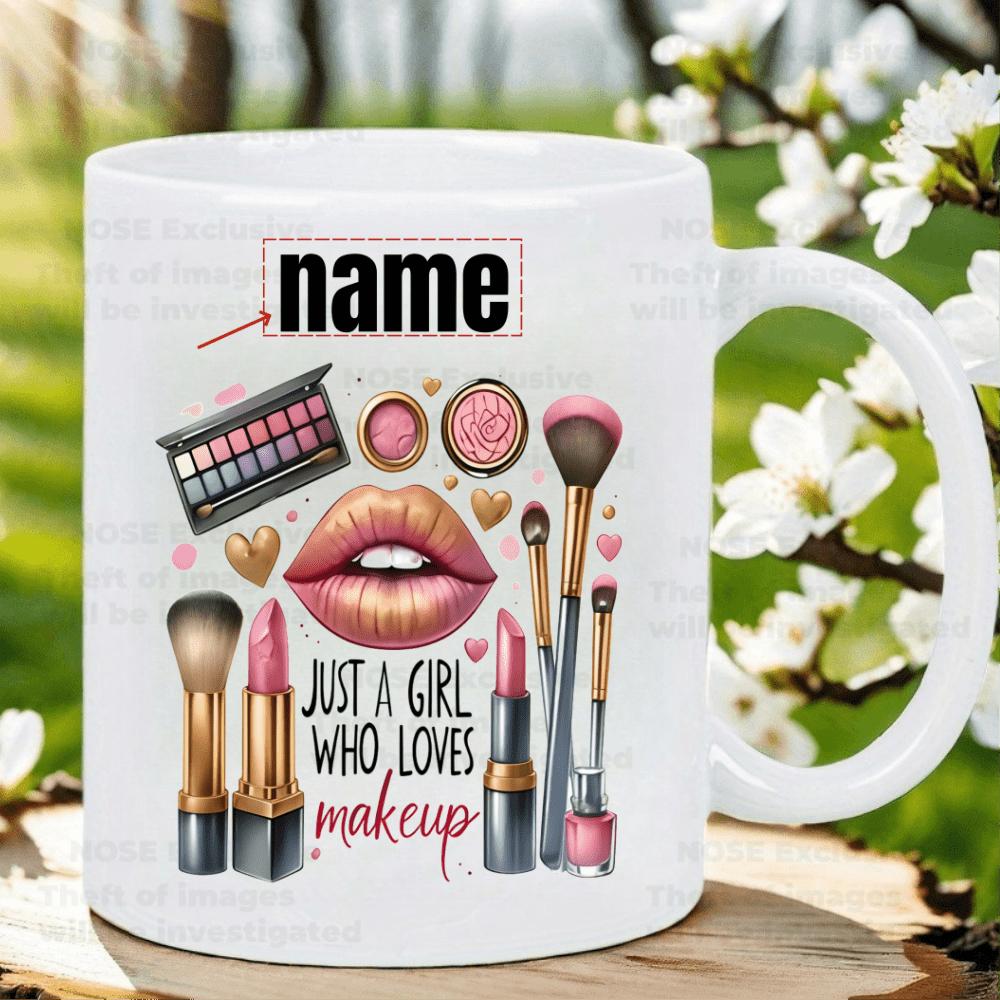 Tailorly White Ceramic 11 oz Mug - Just A Girl Who Loves Makeup Name Stylish Collection Of Beauty Products Featuring Lipsticks And Brushes Makeup
