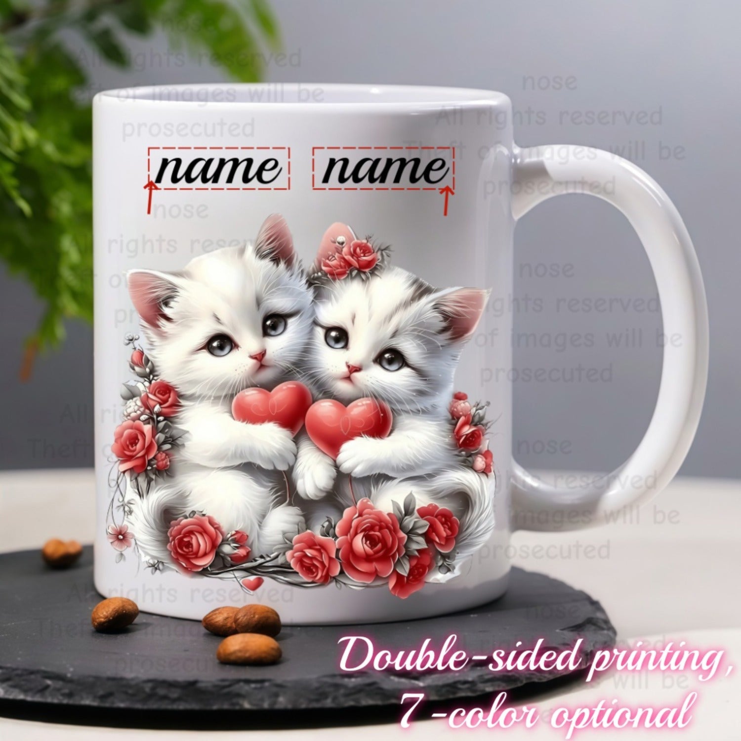 Tailorly White Ceramic 11 oz Mug - Name Adorable White Kittens Holding Red Hearts Surrounded By Blooming Roses Mug