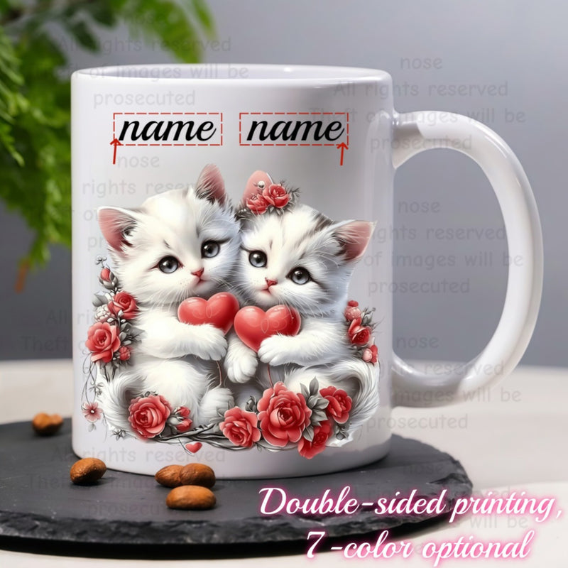 Tailorly White Ceramic 11 oz Mug - Name Adorable White Kittens Holding Red Hearts Surrounded By Blooming Roses Mug