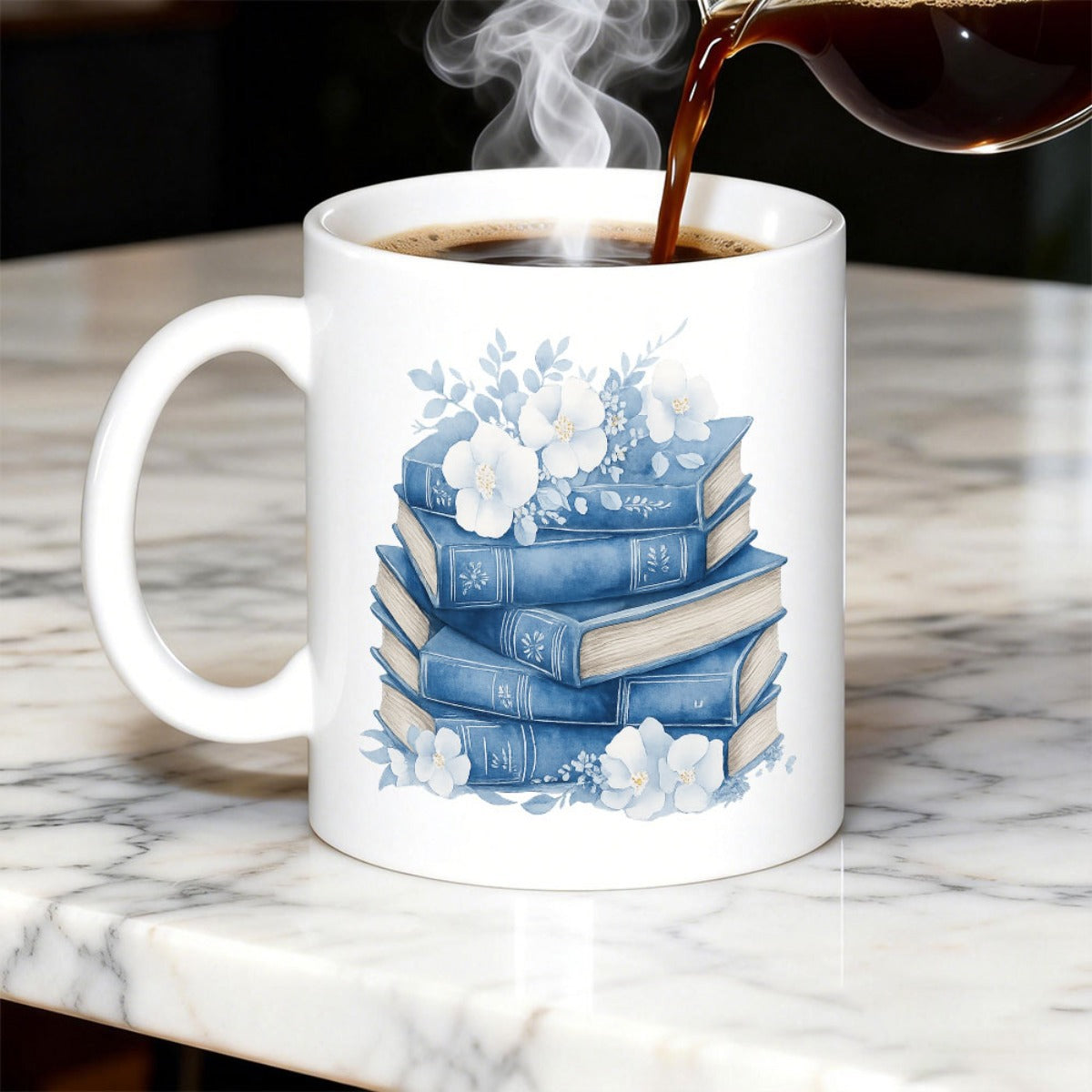 Tailorly White Ceramic 11 oz Mug - Elegant Vintage Blue Watercolor Floral Accents On A Serene Stacked Books