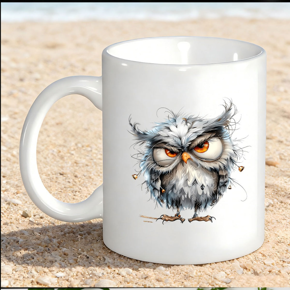 Tailorly White Ceramic 11 oz Mug - Grumpy Expression With Messy Gray Feathers And Intense Orange Eyes Owl