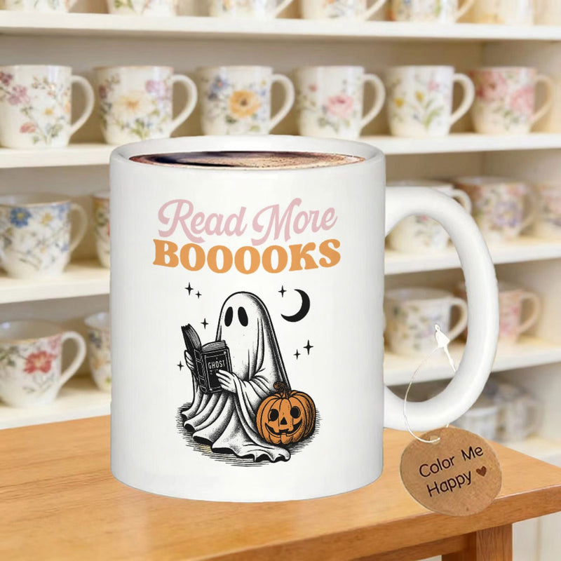 Tailorly White Ceramic 11 oz Mug - Read More Booooks Adorable Small Ghost Reading Book Beside Carved Halloween Pumpkin Under Moonlight Ghost