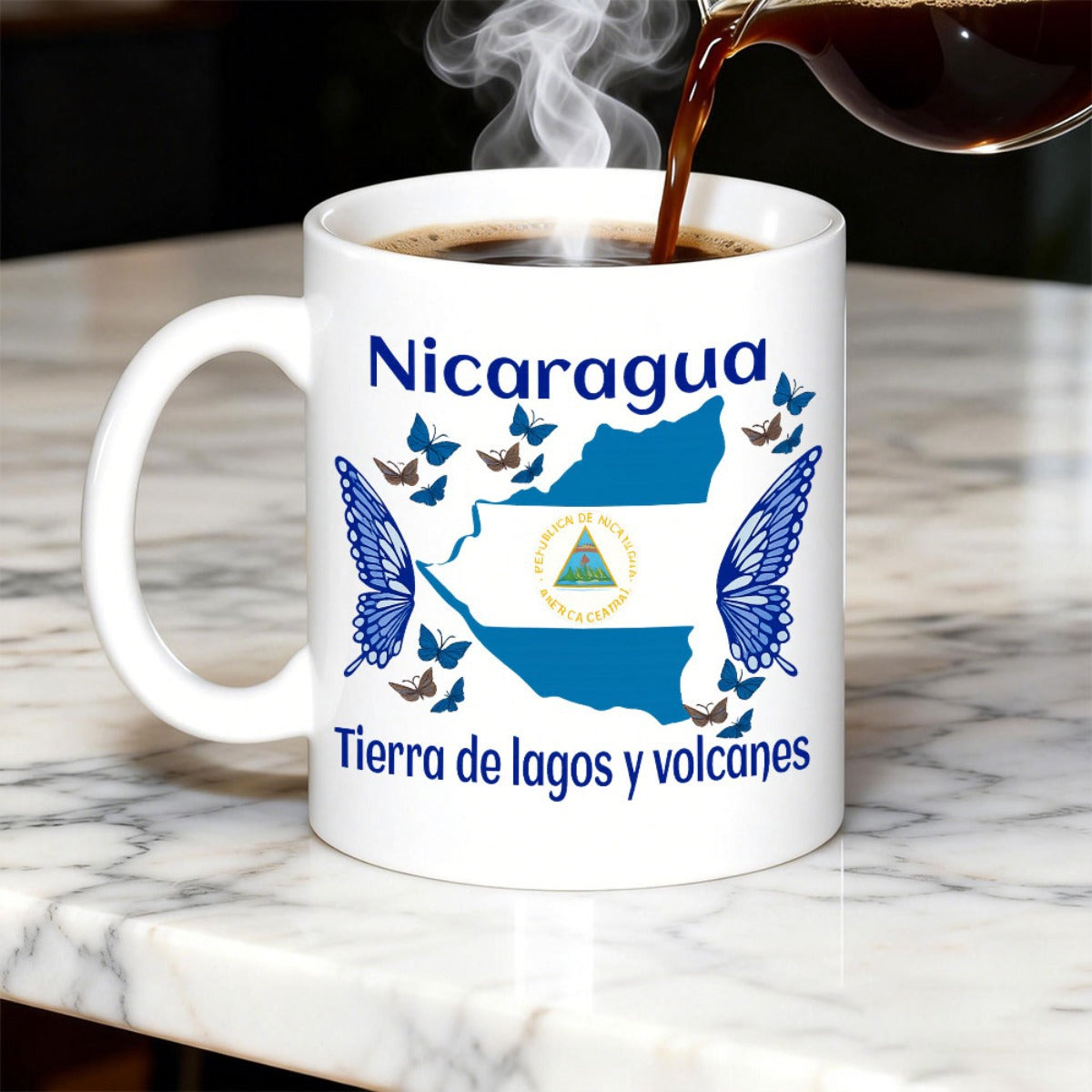 Tailorly White Ceramic 11 oz Mug - Nicaragua National Flag Colors With Fluttering Blue Butterflies Surrounding Map