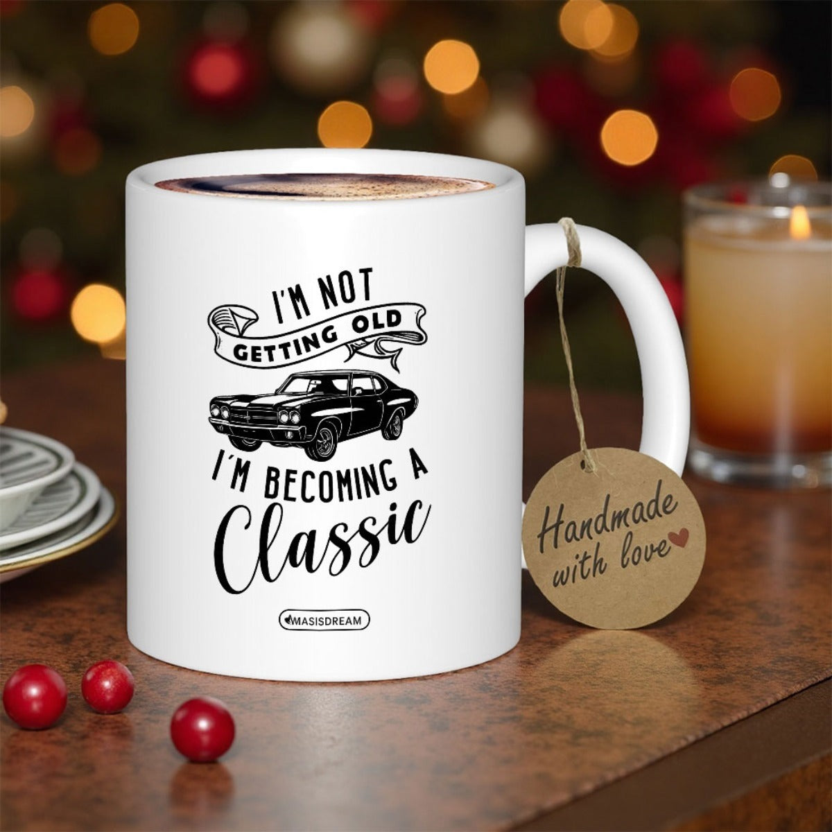 Tailorly White Ceramic 11 oz Mug - I'm Not Getting Old I'm Becoming A Classic Retro Muscle Car Silhouette With Elegant Ribbon And Bold Script Lettering Car