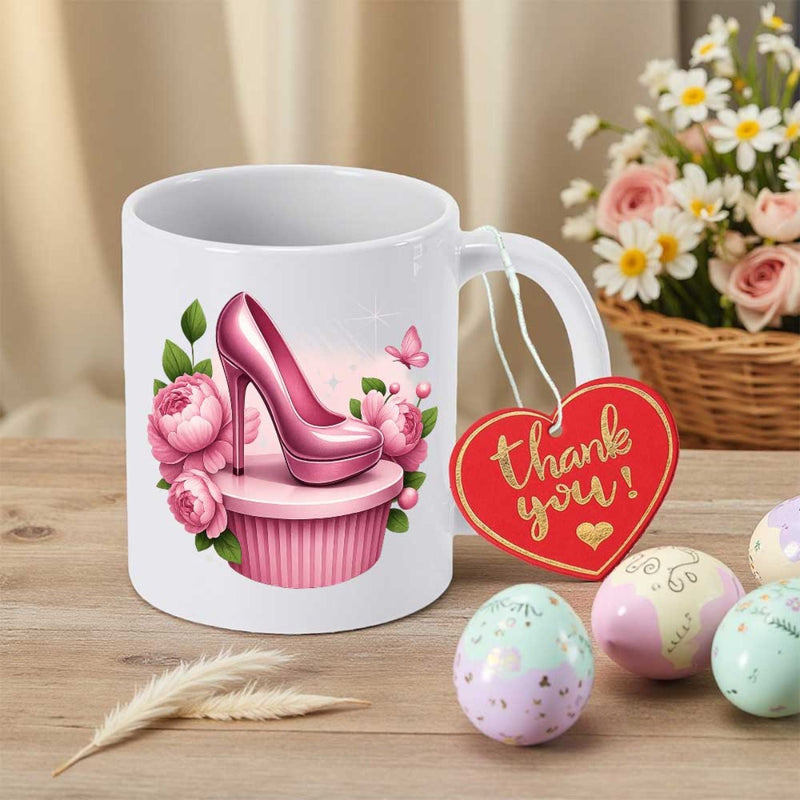 Tailorly White Ceramic 11 oz Mug - Thank You Elegant Pink Stiletto Standing On Pedestal Surrounded By Blooming Roses Leaves High Heel