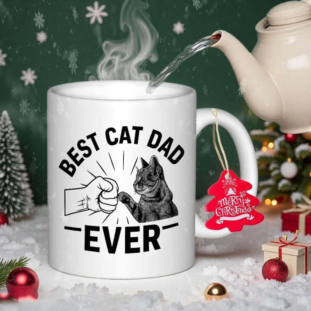 Tailorly White Ceramic 11 oz Mug - Best Cat Dad Ever Strong Human Hand Making A Fist Bump With A Furry Domestic Cat