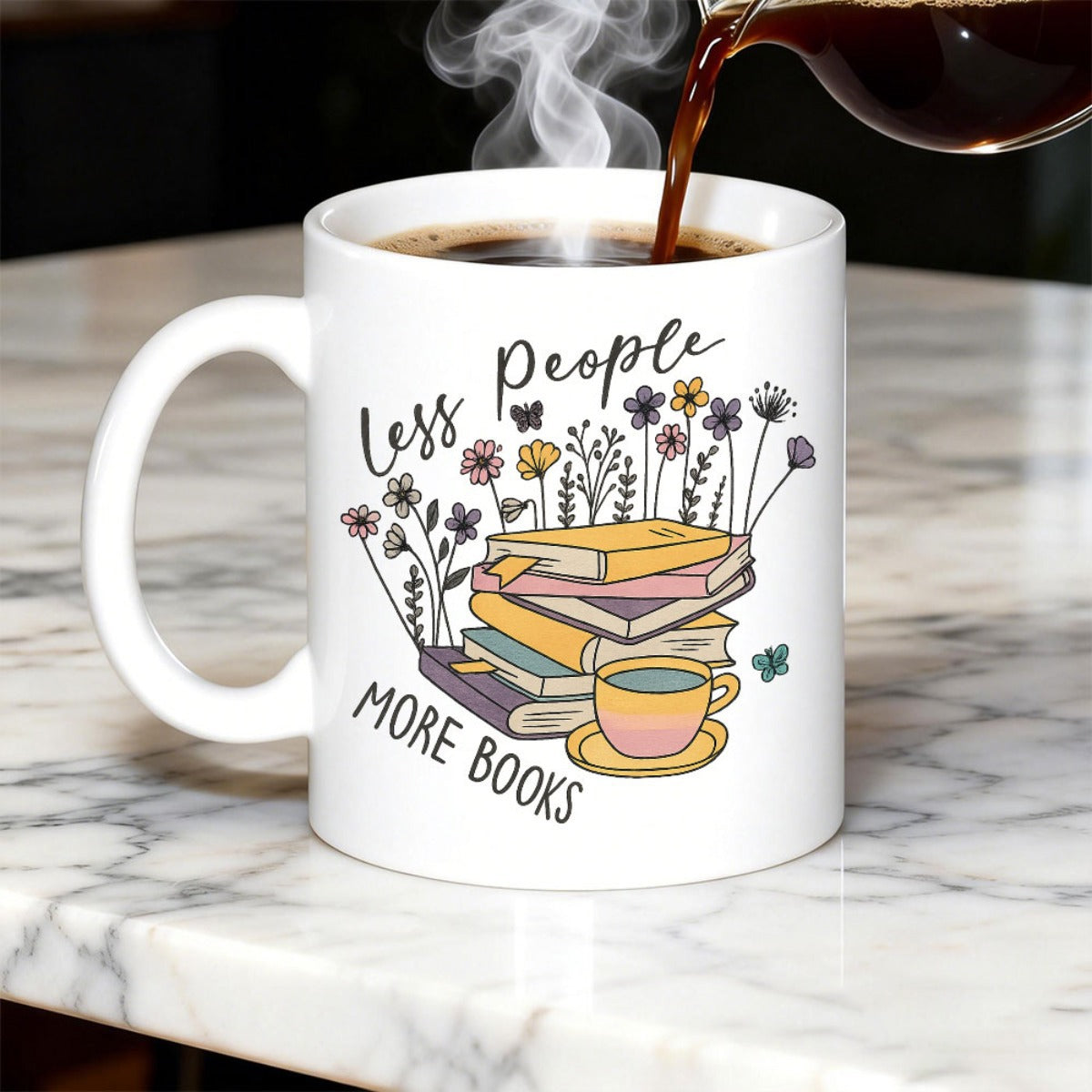 Tailorly White Ceramic 11 oz Mug - Less People More Books Colorful Wildflowers Growing From A Stack Of Vintage Hardcover Books