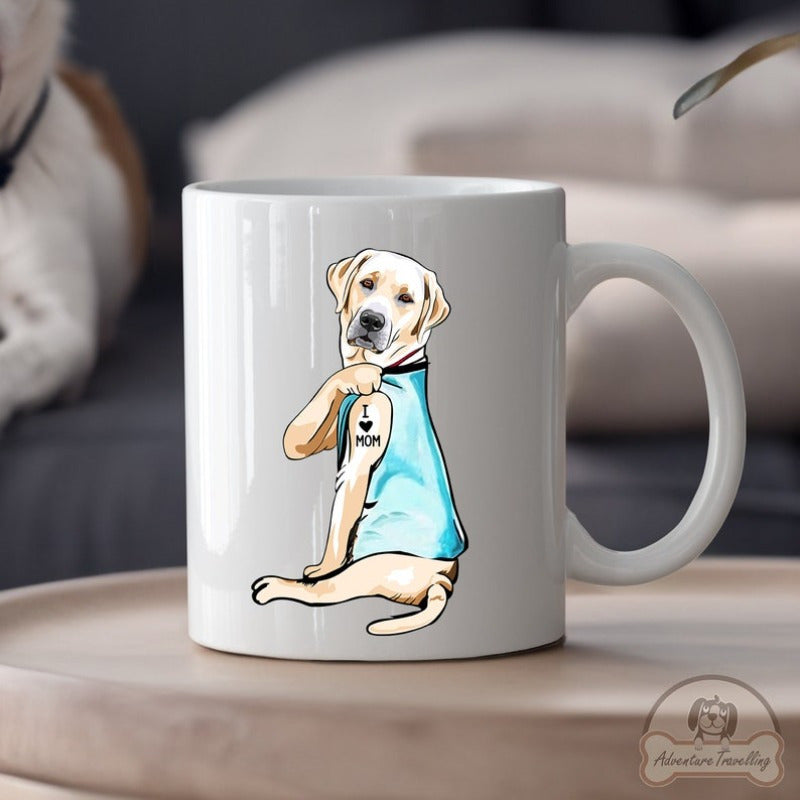 Tailorly White Ceramic 11 oz Mug - Mom Loyal Yellow Labrador Retriever Wearing Light Blue Tank Top Dog
