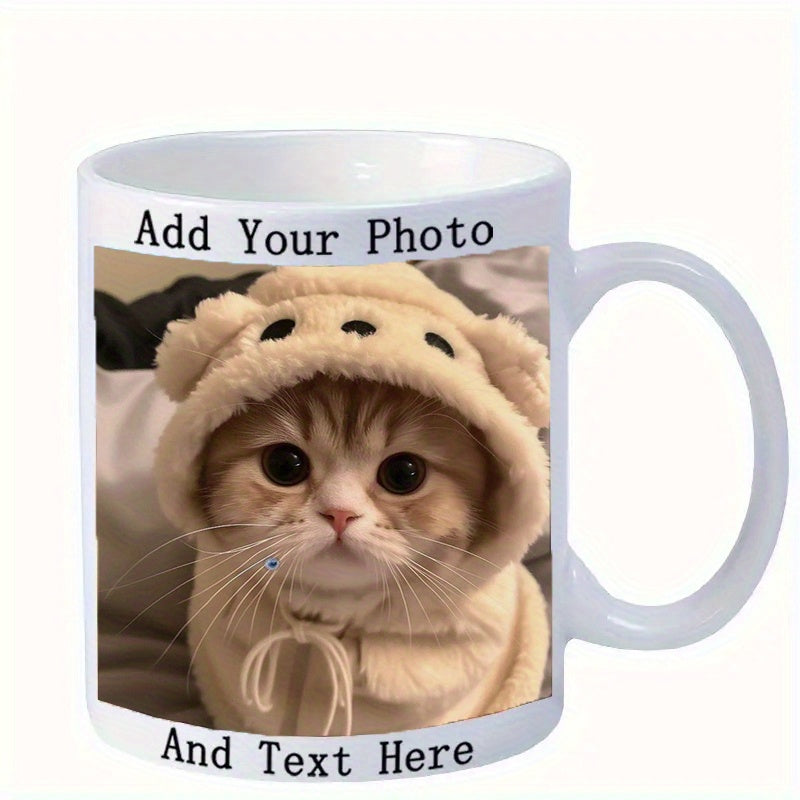 Tailorly White Ceramic 11 oz Mug - Add Your Photo And Text Here Adorable Small Ginger Kitten Wearing A Soft Fuzzy Beige Bear Ear Hoody Kitten