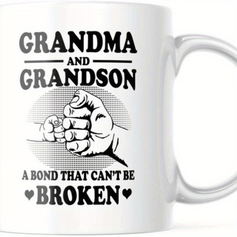 Tailorly White Ceramic 11 oz Mug - Grandma And Grandson A Bond That Cant Be Broken Detailed Black Ink Sketch Of Adult And Child Hands Connecting In A Fist Bump
