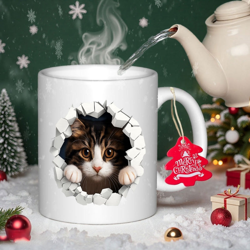 Tailorly White Ceramic 11 oz Mug - Merry Christmas Realistic Tabby Peeking Through A Three Dimensional Broken Wall Hole Cat