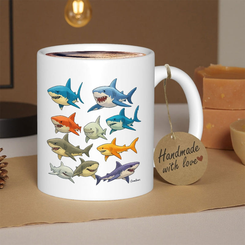 Tailorly White Ceramic 11 oz Mug - Vibrant Collection Of Playful Cartoon Aquatic Creatures Swimming Together Shark