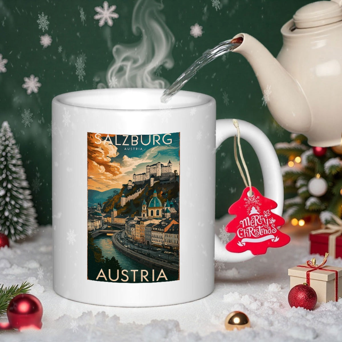 Tailorly White Ceramic 11 oz Mug - Salzburg Austria Vintage Style Panoramic View Overlooking Historic Fortress And River Scenic Landscape