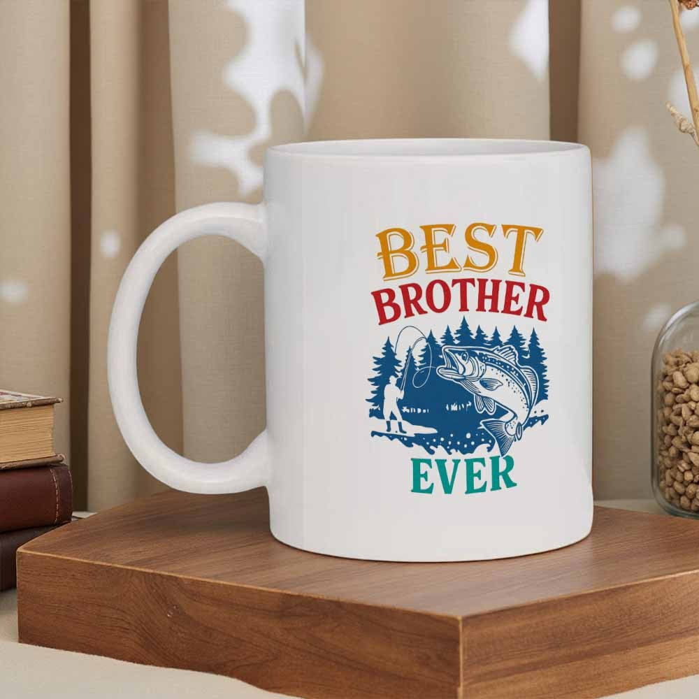 Tailorly White Ceramic 11 oz Mug - Best Brother Ever Serene Outdoor Forest Scene With Fisherman Catching A Large Jumping Bass