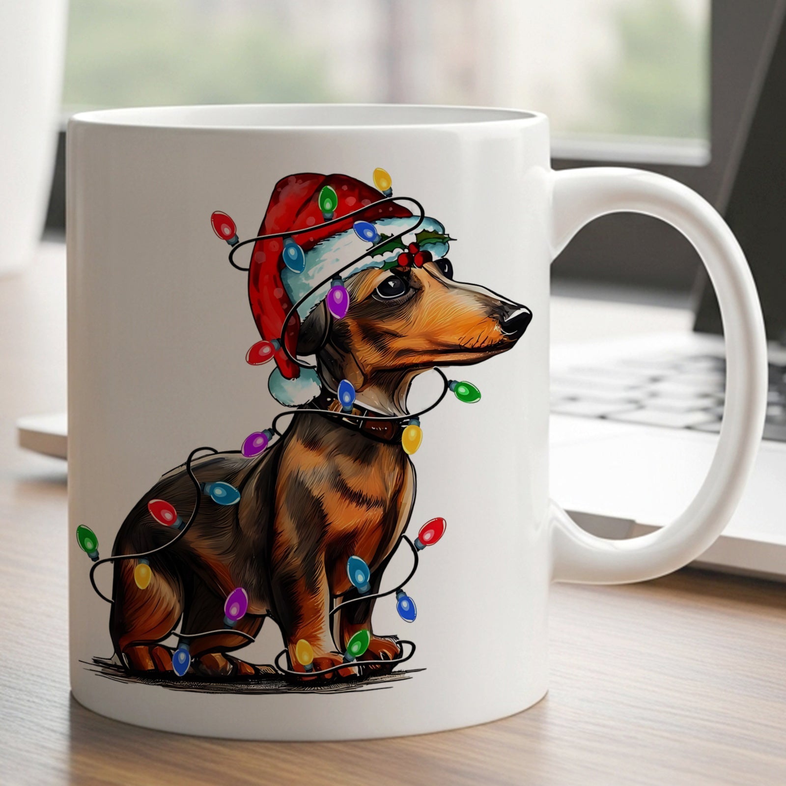 Tailorly White Ceramic 11 oz Mug - Adorable Festive Puppy Wearing Red Santa Hat Wrapped In Colorful Twinkling Lights Dachshund