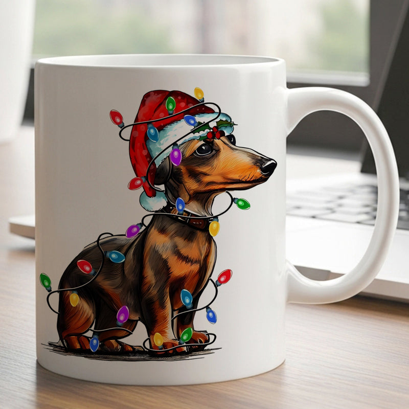 Tailorly White Ceramic 11 oz Mug - Adorable Festive Puppy Wearing Red Santa Hat Wrapped In Colorful Twinkling Lights Dachshund