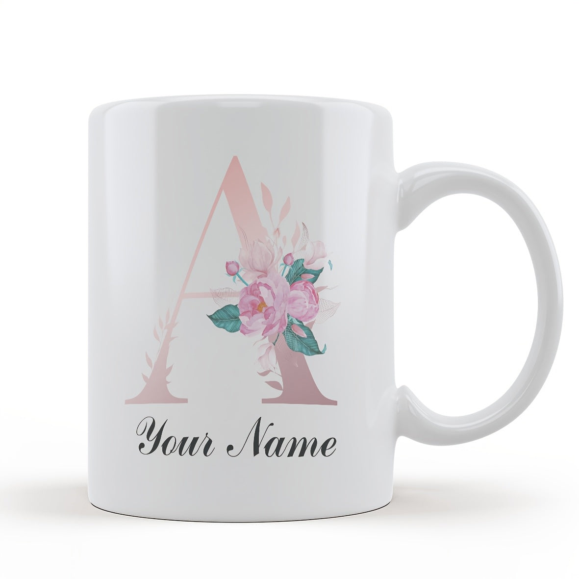 Tailorly White Ceramic 11 oz Mug - Your Name Elegant Pink Roses Blooming Around A Large Serif Alphabet Initial Flower