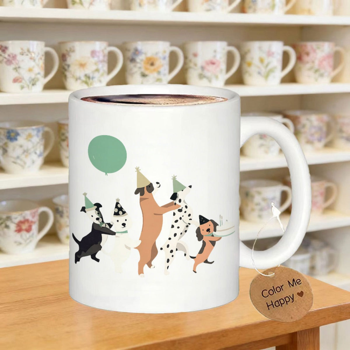 Tailorly White Ceramic 11 oz Mug - Color Me Happy Joyful Group Of Cartoon Dogs Wearing Festive Party Hats Dogs