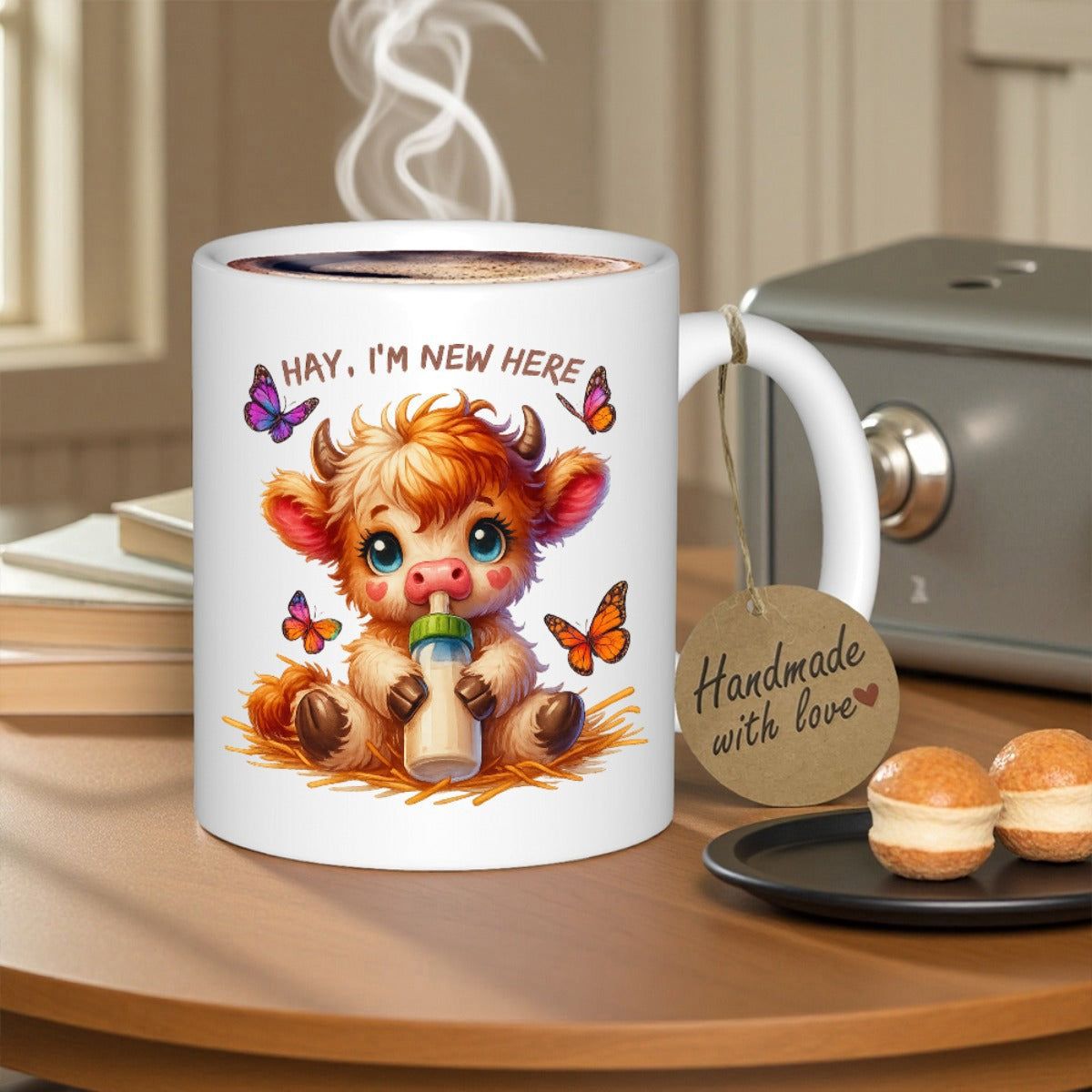 Tailorly White Ceramic 11 oz Mug - Hay Im New Here Adorable Baby Sitting On Hay Holding Bottle Surrounded By Fluttering Butterflies Cow