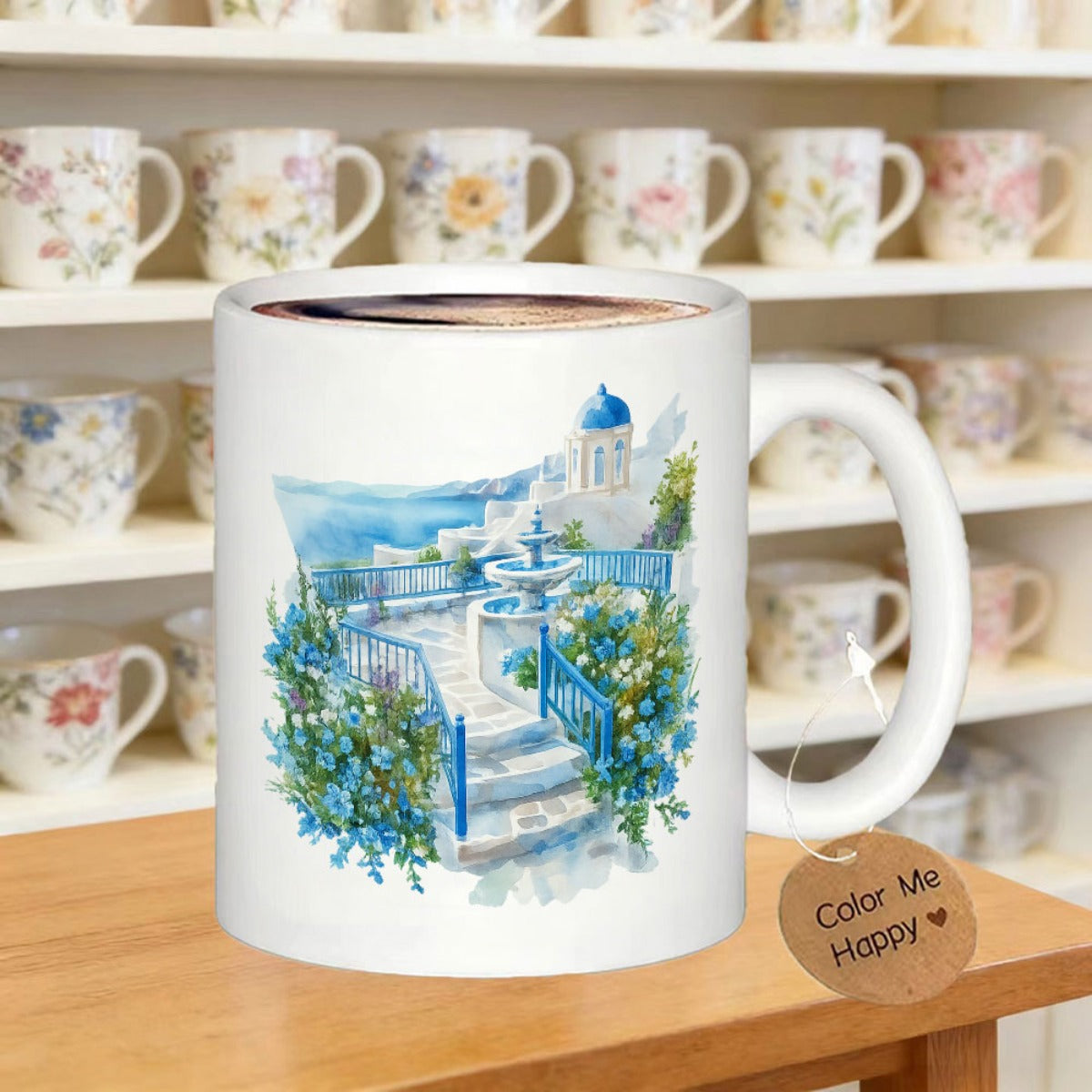 Tailorly White Ceramic 11 oz Mug - Color Me Happy Scenic Mediterranean Style With Blue Dome Church And Vibrant Flowers Village