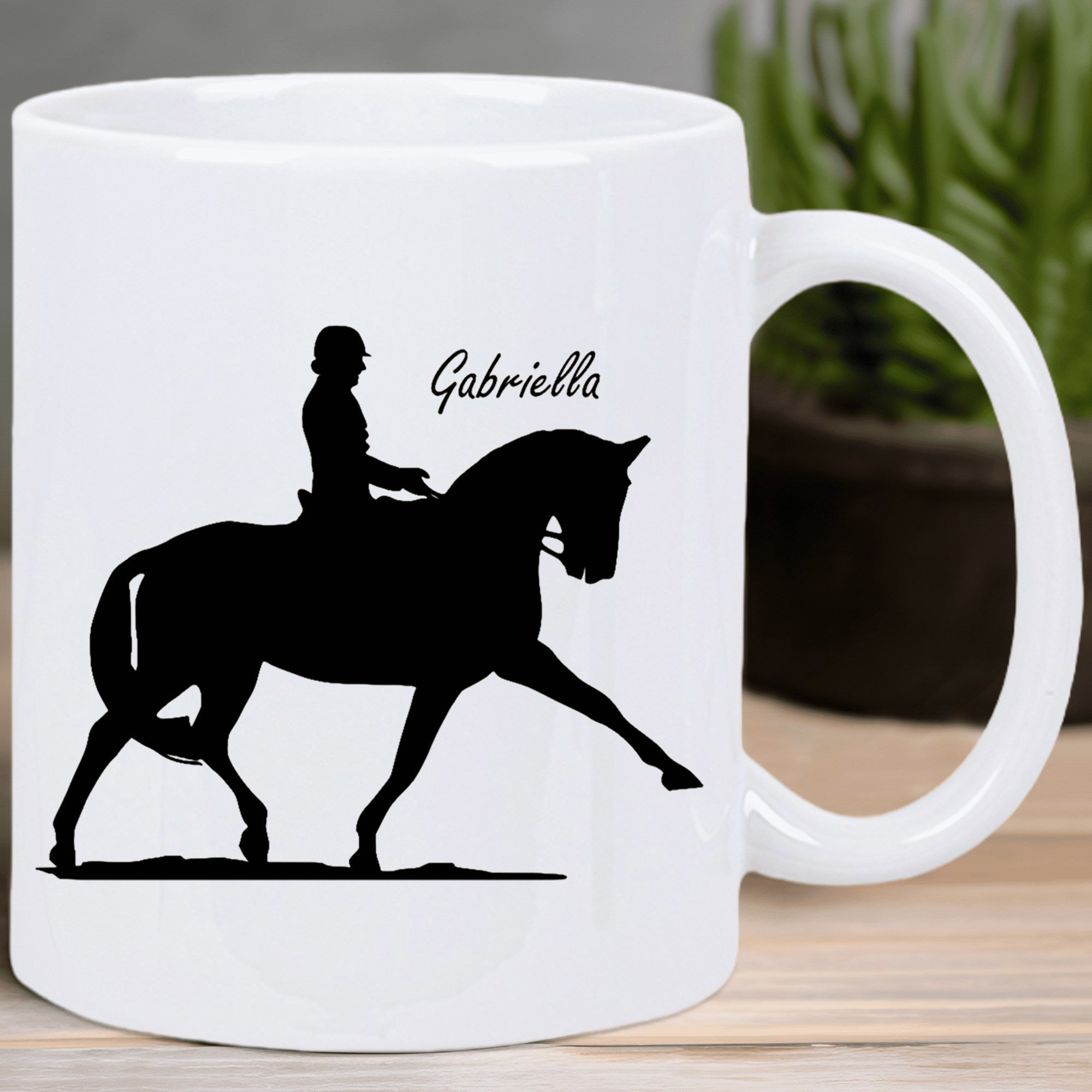 Tailorly White Ceramic 11 oz Mug - Gabriella Graceful Silhouette Of A Dressage Rider Training A Strong Majestic Horse