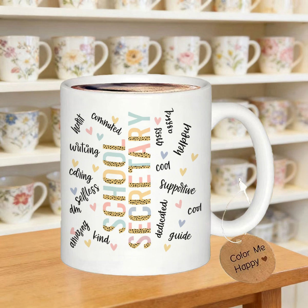 Tailorly White Ceramic 11 oz Mug - School Secretary Colorful Word Cloud Design With Hearts And Patterned Typography Mug