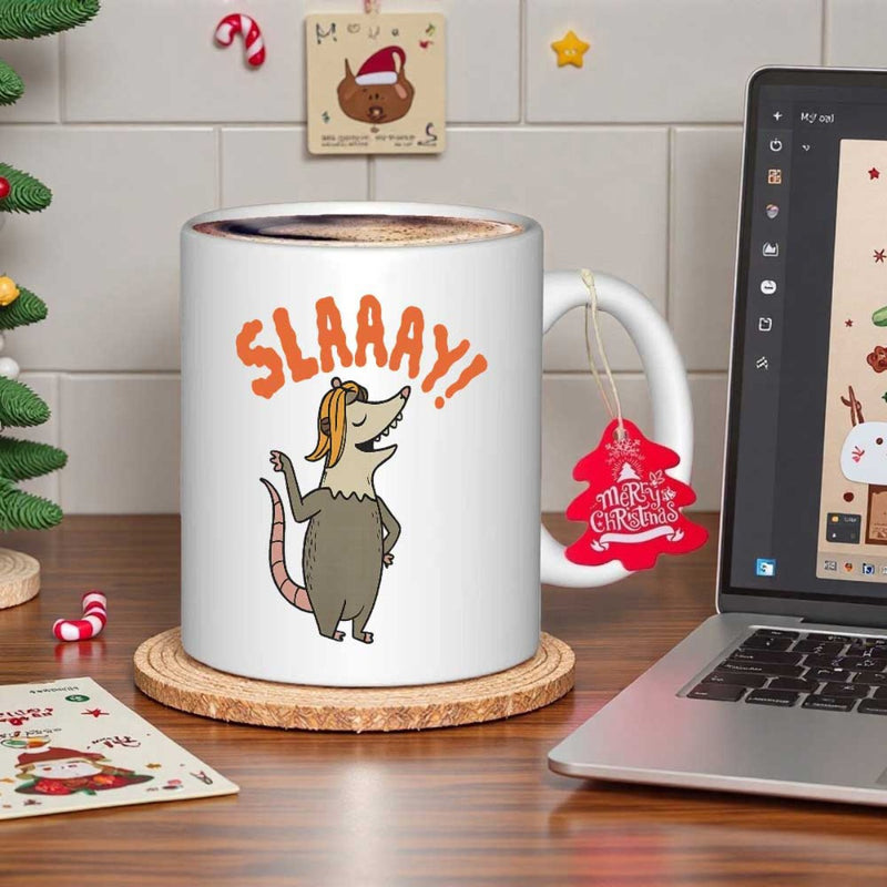 Tailorly White Ceramic 11 oz Mug - Slaaay Happy Cartoon Opossum Wearing Small Brown Hat Under Stylized Text Opossum