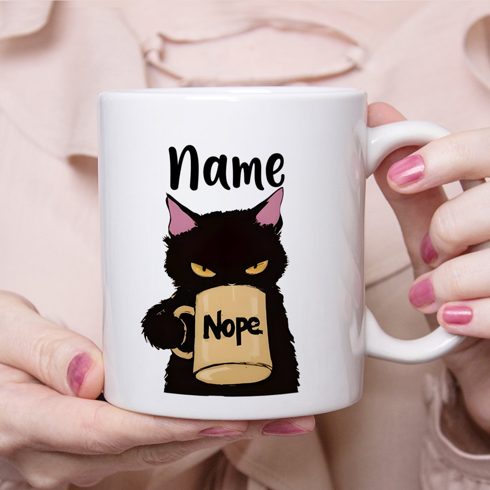 Tailorly White Ceramic 11 oz Mug - Name Nope Grumpy Black Kitten Holding A Small Coffee Cup With Glowing Yellow Eyes Cat
