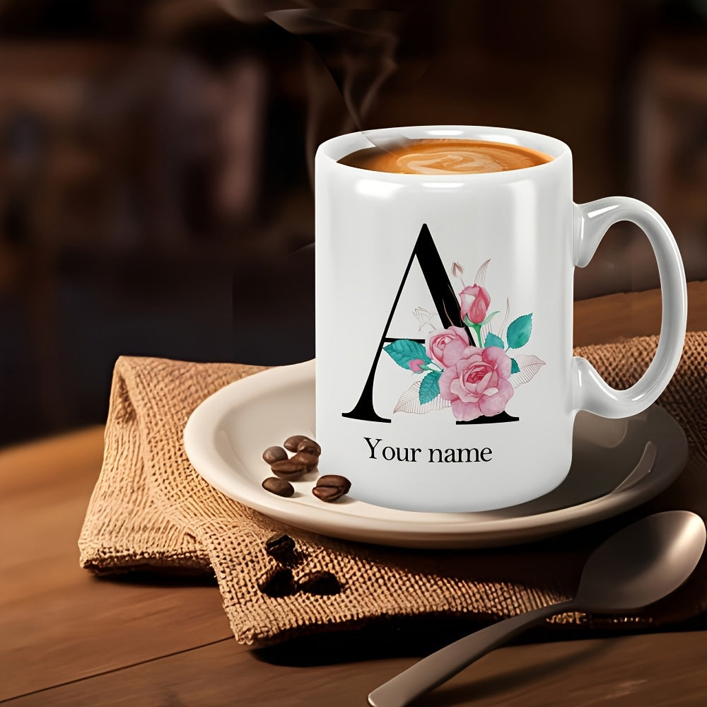 Tailorly White Ceramic 11 oz Mug - Your Name Elegant Pink Roses Entwined With A Large Classic Serif Letter Mug