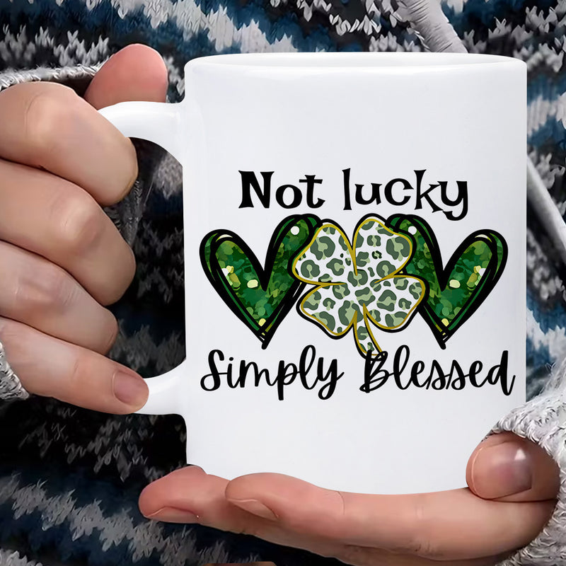 Tailorly White Ceramic 11 oz Mug - Not Lucky Simply Blessed Vibrant Green Sparkling Hearts Flanking A Wild Leopard Patterned Four Leaf Clover
