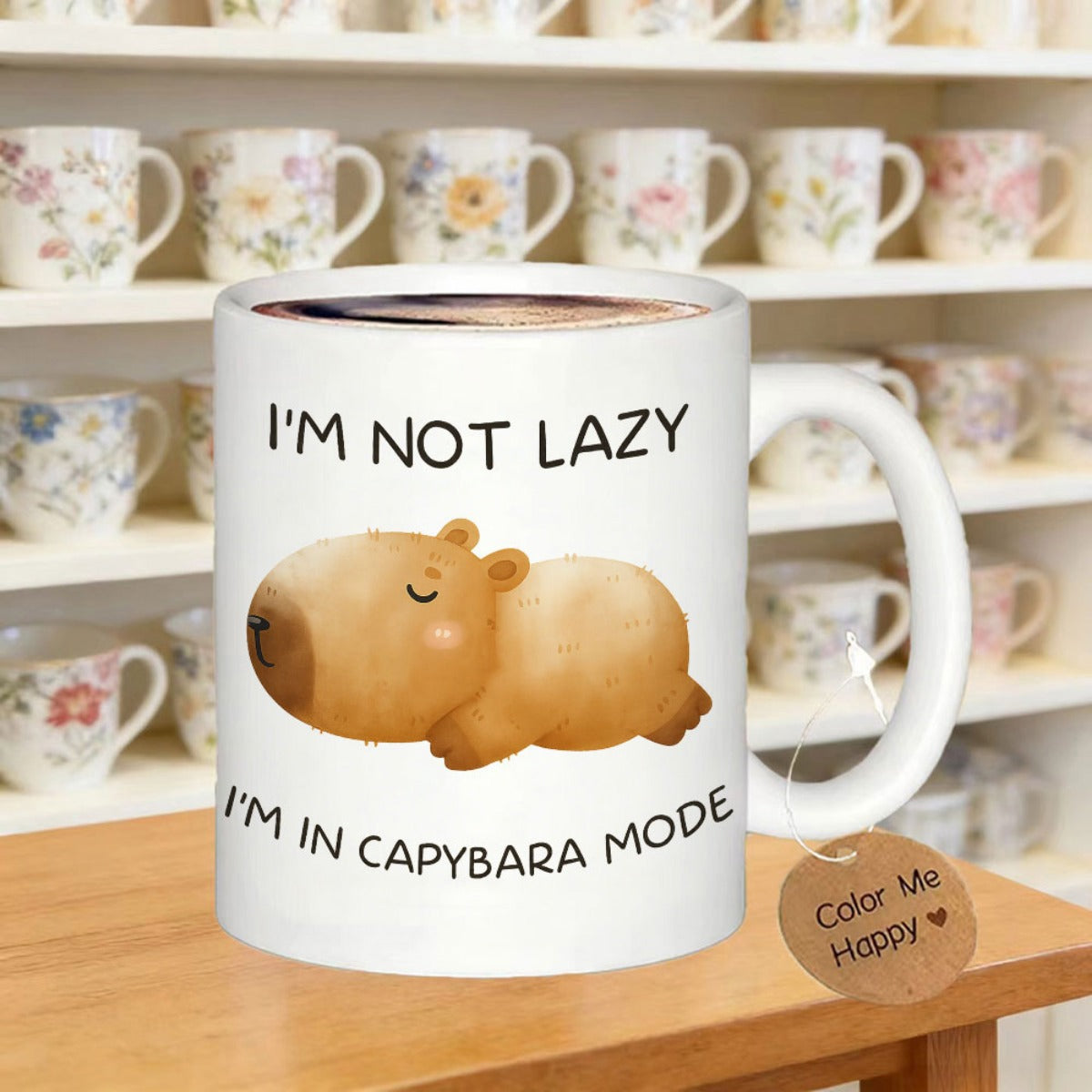 Tailorly White Ceramic 11 oz Mug - Im Not Lazy Im In Capybara Mode Adorable Sleepy Brown Animal Laying Down On Clean White Surface Capybara