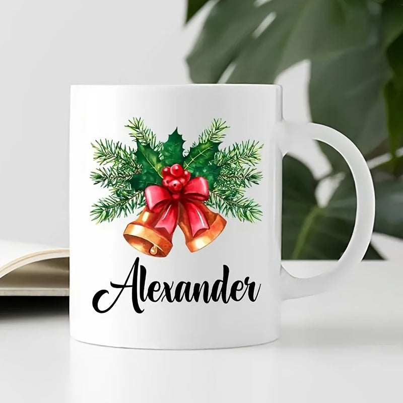 Tailorly White Ceramic 11 oz Mug - Alexander Festive Golden Christmas Decorations With Red Bow And Pine Branches Bells