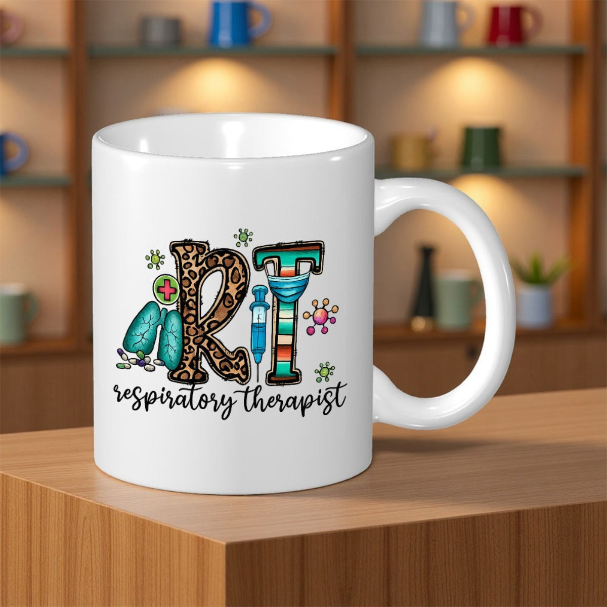 Tailorly White Ceramic 11 oz Mug - RT Respiratory Therapist Medical Art Design With Leopard Print And Healthcare Symbols Mug