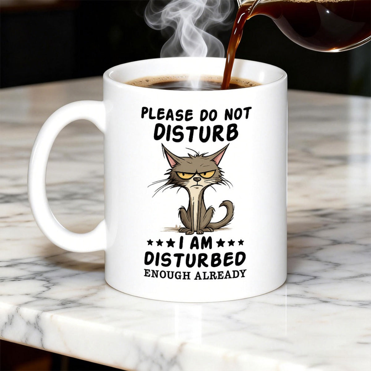 Tailorly White Ceramic 11 oz Mug - Please Do Not Disturb I Am Disturbed Enough Already Cranky Cartoon Character With Messy Fur And Sharp Whiskers Sitting Cat