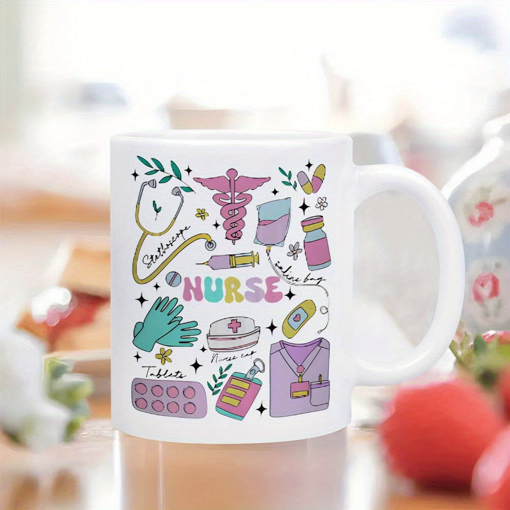 Tailorly White Ceramic 11 oz Mug - Nurse Hand Drawn Medical Icons Featuring Stethoscope Pills And Syringe Nurse