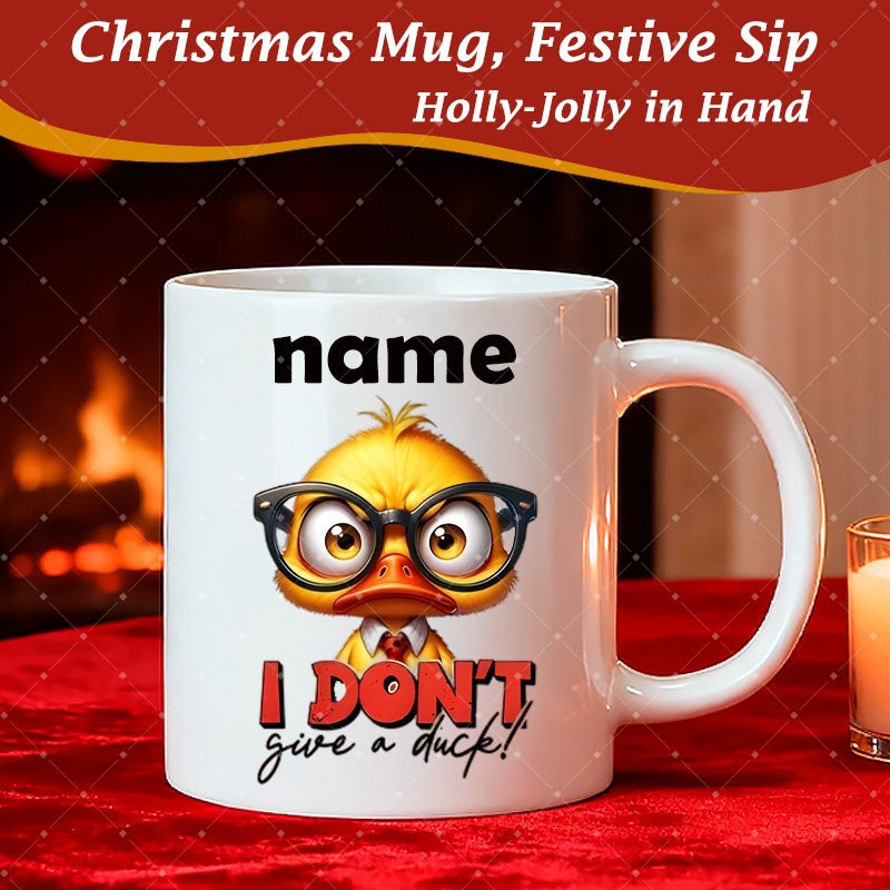 Tailorly White Ceramic 11 oz Mug - I Don't Give A Duck Adorable Grumpy Yellow Duckling Wearing Black Framed Glasses And Professional Necktie Duck