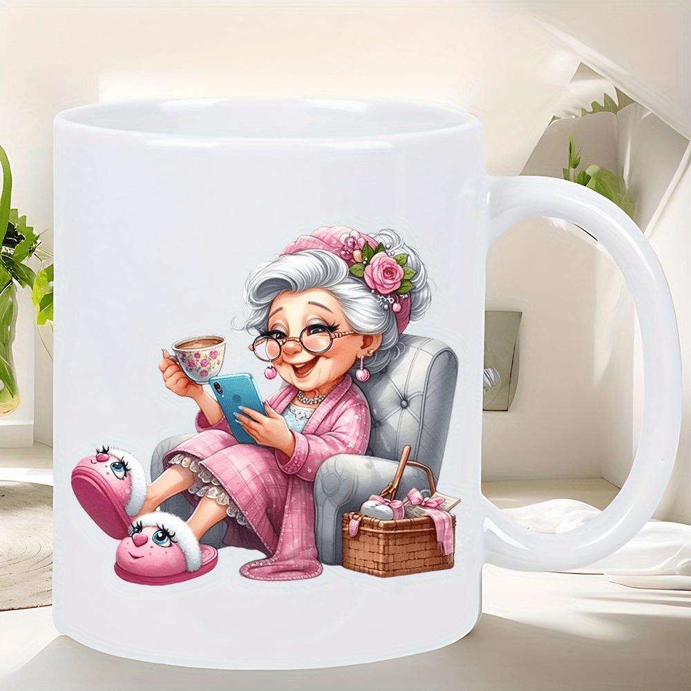 Tailorly White Ceramic 11 oz Mug - Elderly Woman Resting In Chair Wearing Pink Pajamas With Cute Slippers Grandmother