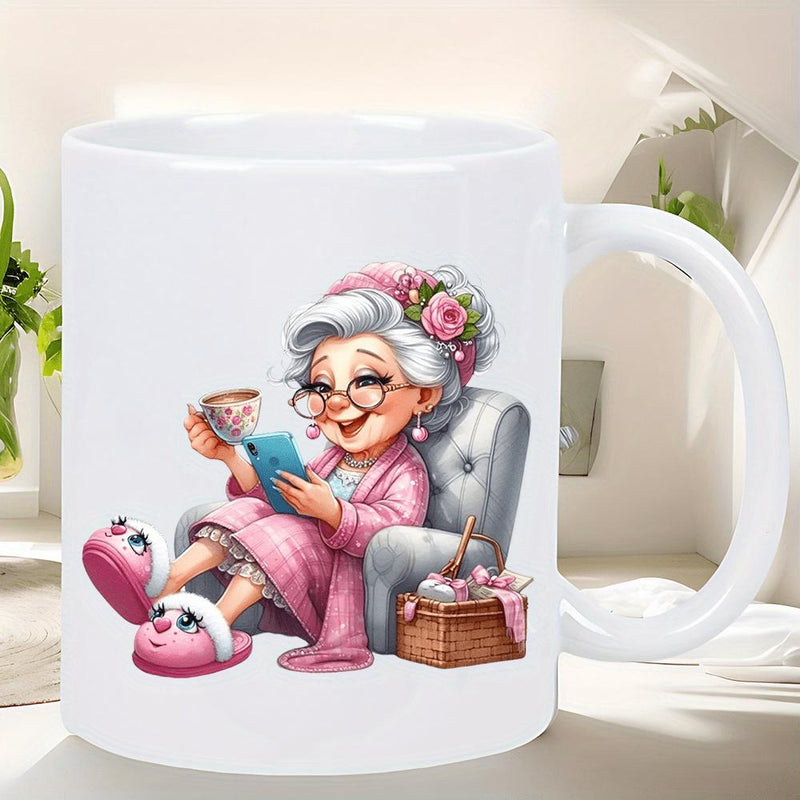 Tailorly White Ceramic 11 oz Mug - Elderly Woman Resting In Chair Wearing Pink Pajamas With Cute Slippers Grandmother