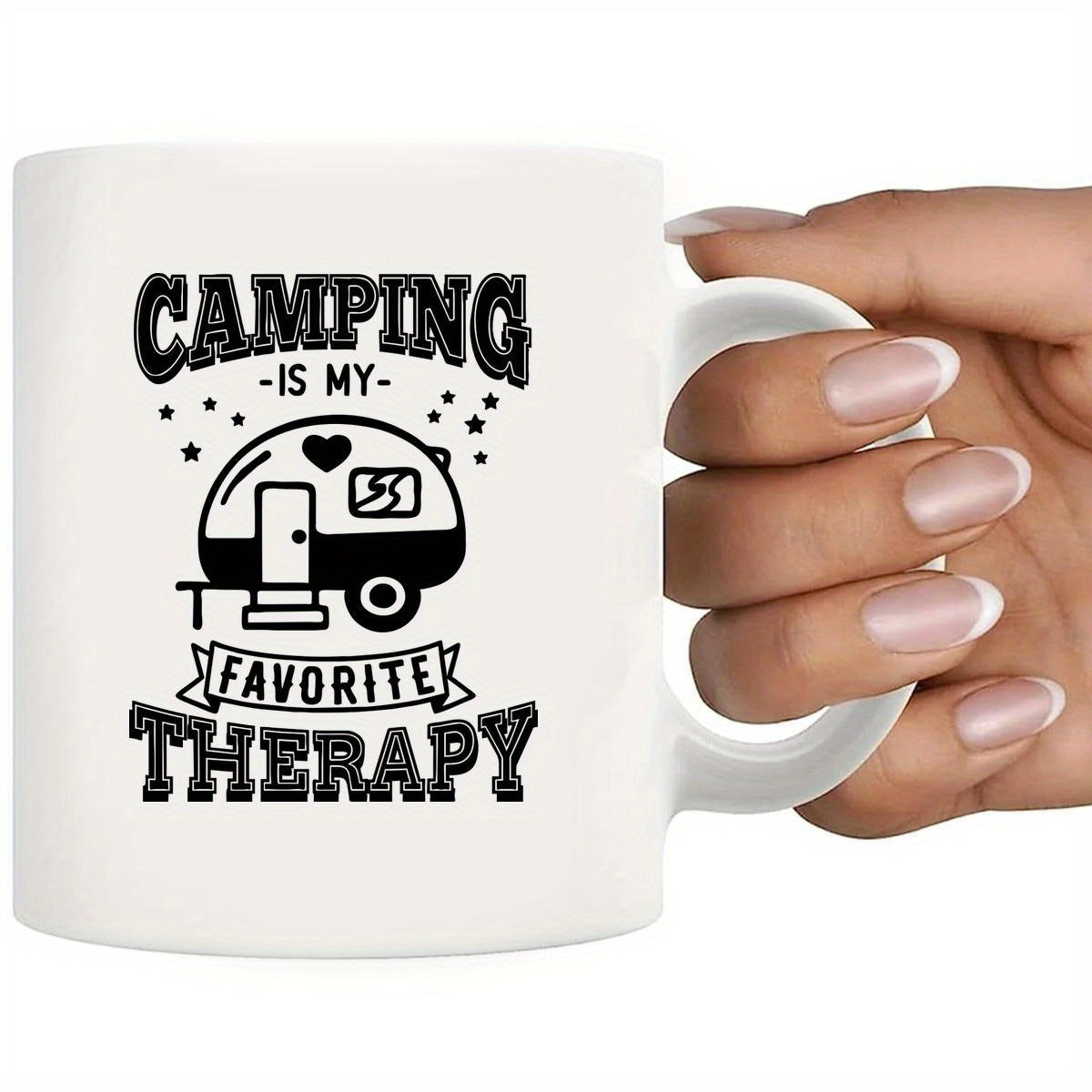 Tailorly White Ceramic 11 oz Mug - Camping Is My Favorite Therapy Vintage Retro Caravan Under Twinkling Stars With A Decorative Heart Trailer