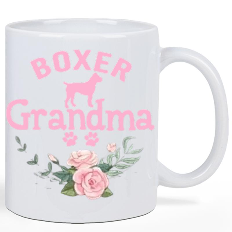 Tailorly White Ceramic 11 oz Mug - Boxer Grandma Pink Silhouette Dog Surrounded By Beautiful Blooming Floral Roses Boxer