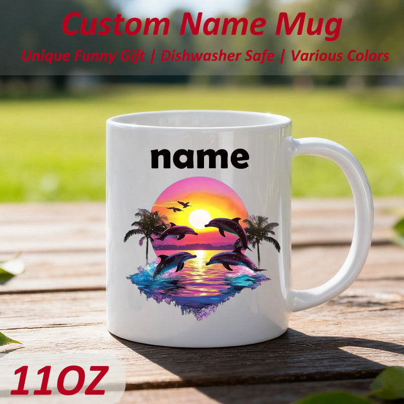 Tailorly White Ceramic 11 oz Mug - Name Tropical Sunset Scene With Dolphins Jumping Over Vibrant Ocean Waves And Palms Dolphin