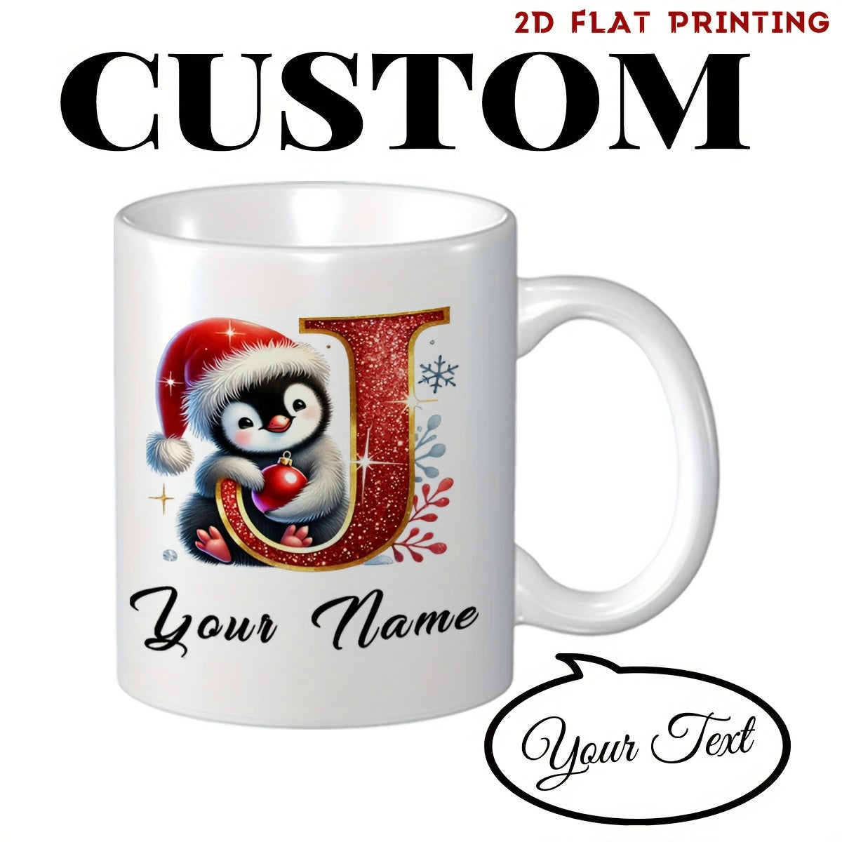 Tailorly White Ceramic 11 oz Mug - Your Name Custom Adorable Penguin Wearing Santa Hat Beside A Large Glittery Initial Penguin