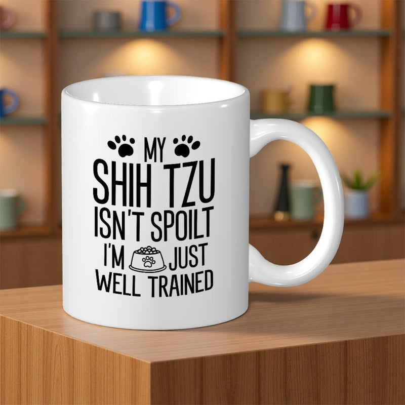 Tailorly White Ceramic 11 oz Mug - My Shih Tzu Isnt Spoilt Im Just Well Trained Minimalist Paw Prints With Small Pet Food Feeding Bowl Mug
