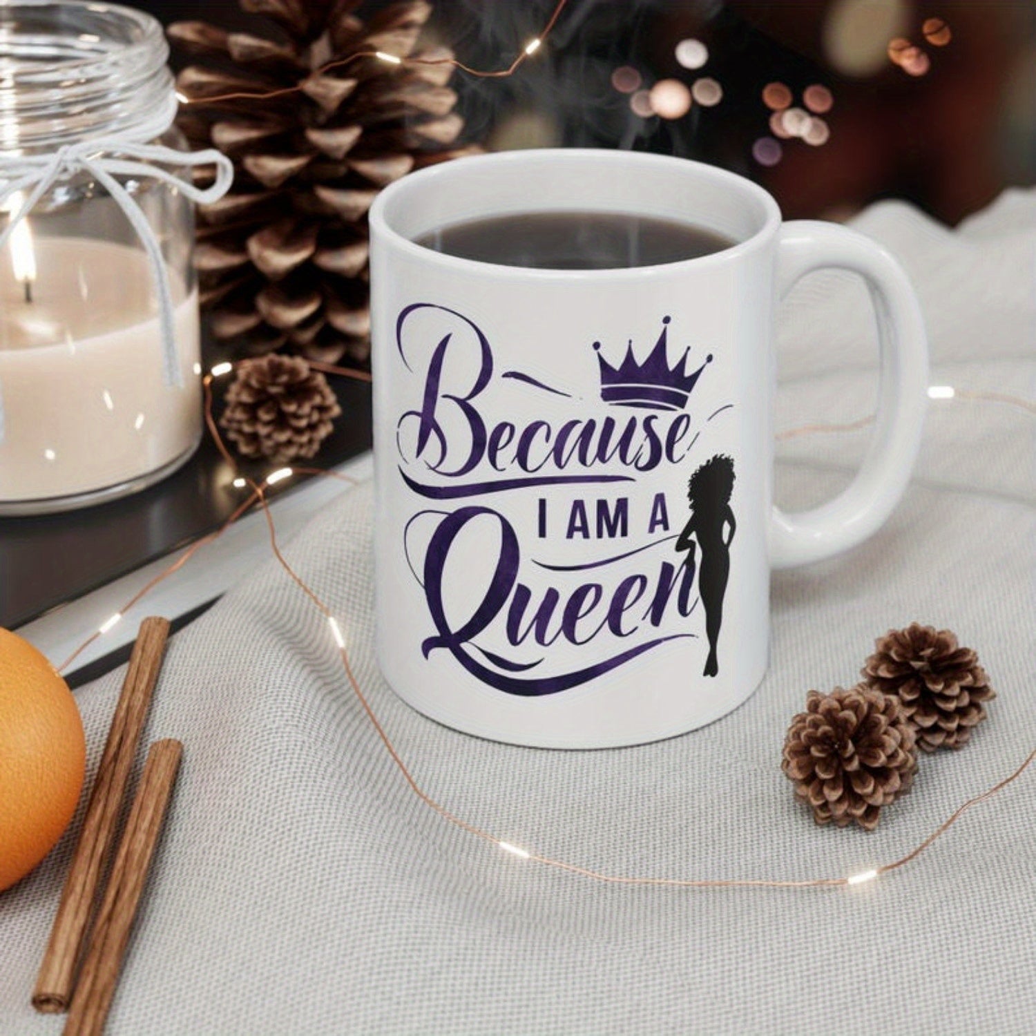 Tailorly White Ceramic 11 oz Mug - Because I Am A Queen Crown Icon And Female Silhouette Standing Beside Elegant Scripted Lettering Design Mug