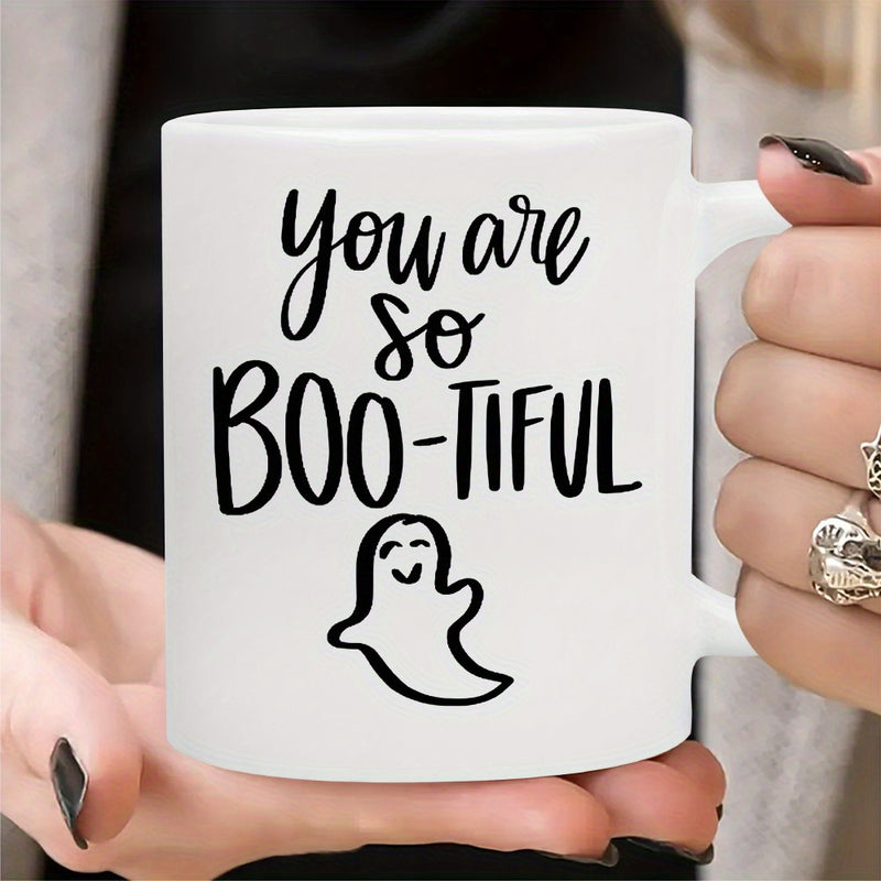 Tailorly White Ceramic 11 oz Mug - You Are So Bootiful Cute Smiling Cartoon Ghost Floating Beneath Whimsical Halloween Holiday Pun Text Ghost