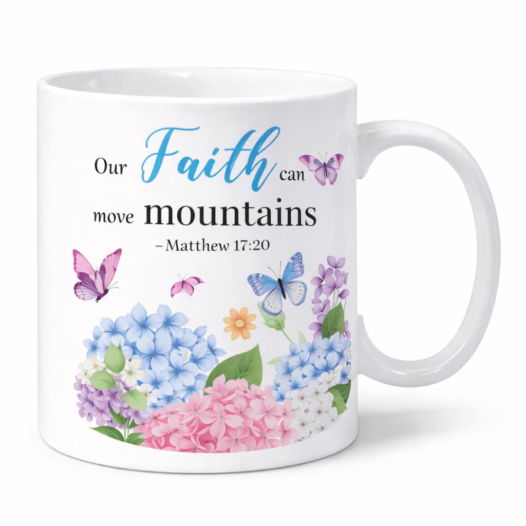 Tailorly White Ceramic 11 oz Mug - Our Faith Can Move Mountains Matthew 17 20 Colorful Watercolor Blooming Floral Clusters With Delicate Fluttering Purple And Blue