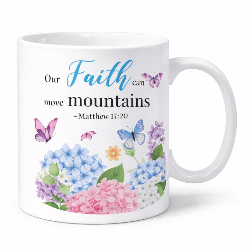 Tailorly White Ceramic 11 oz Mug - Our Faith Can Move Mountains Matthew 17 20 Colorful Watercolor Blooming Floral Clusters With Delicate Fluttering Purple And Blue