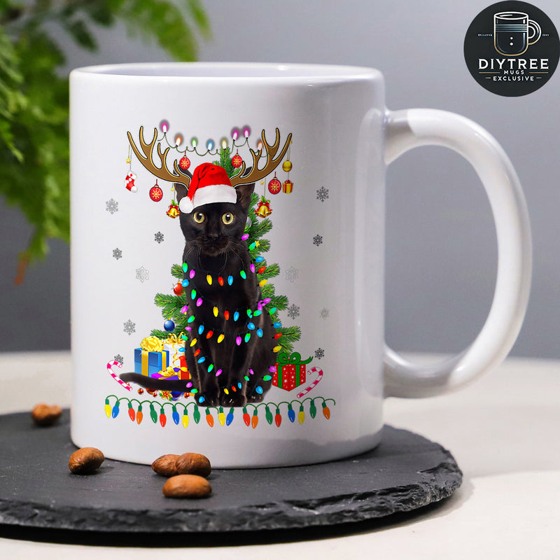 Tailorly White Ceramic 11 oz Mug - Festive Black Cat Wearing Reindeer Antlers Among Colorful Christmas String Lights Cat
