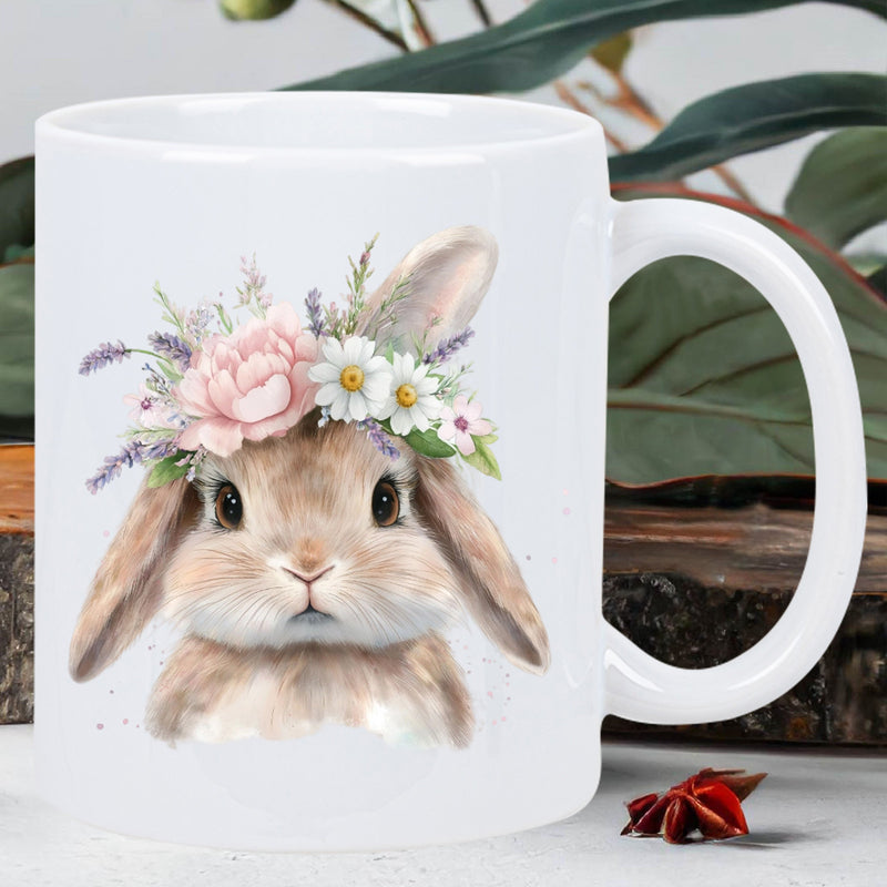 Tailorly White Ceramic 11 oz Mug - Adorable Soft Watercolor Style Wearing Vibrant Floral Crown With Delicate Petals Bunny
