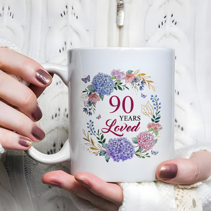 Tailorly White Ceramic 11 oz Mug - 90 Years Loved Delicate Watercolor Floral Wreath With Colorful Hydrangea Flowers And Butterflies Mug